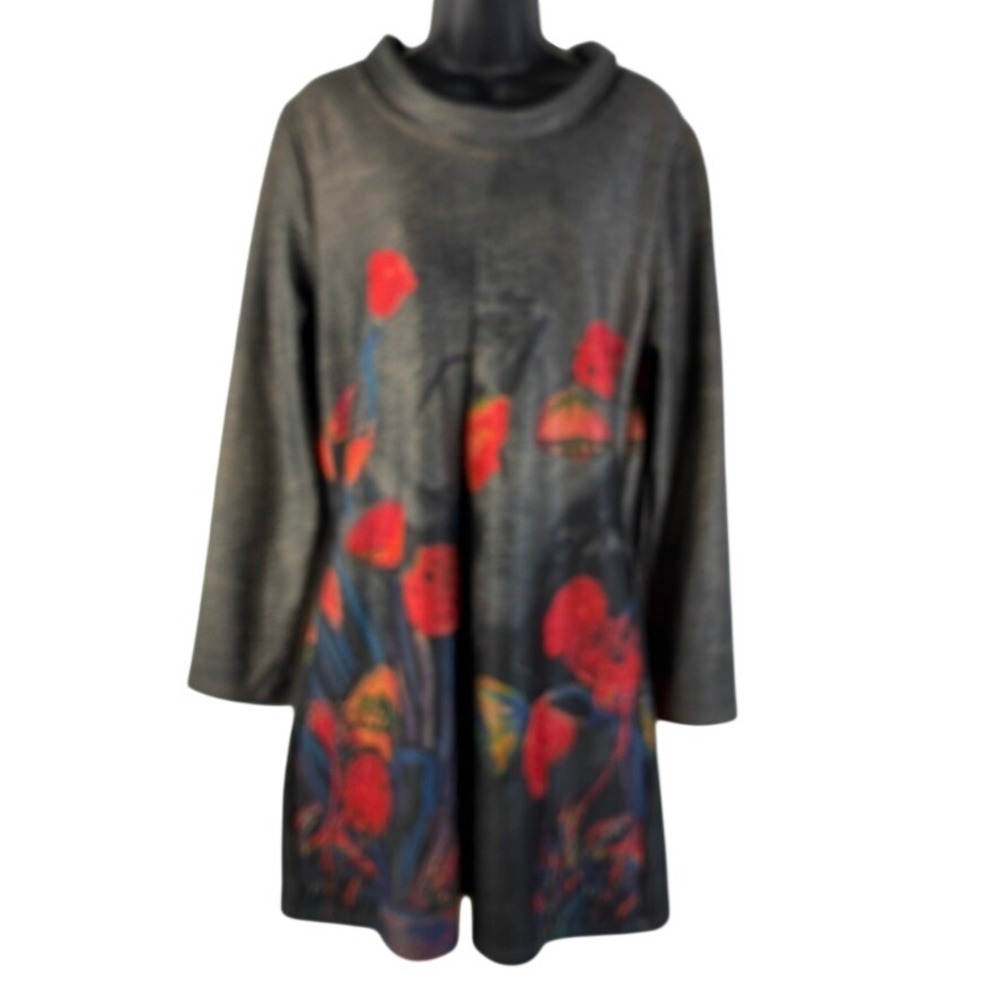 NWT Shana Apparel Women Sz Medium Grey Floral Poppy Funnel Neck Tunic Top Dress